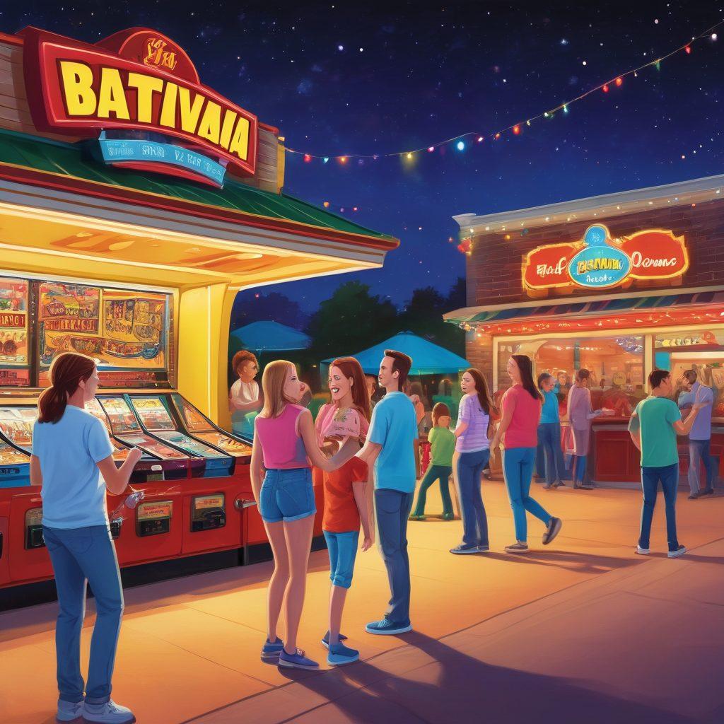 A lively scene depicting families and friends enjoying various games at Batavia Downs, with vibrant arcade machines, colorful board games, and a friendly atmosphere. Include smiling faces, children playing, and an inviting outdoor space with festive decorations. Capture the essence of fun and togetherness in a cheerful, cartoonish style. vibrant colors. cartoonish.