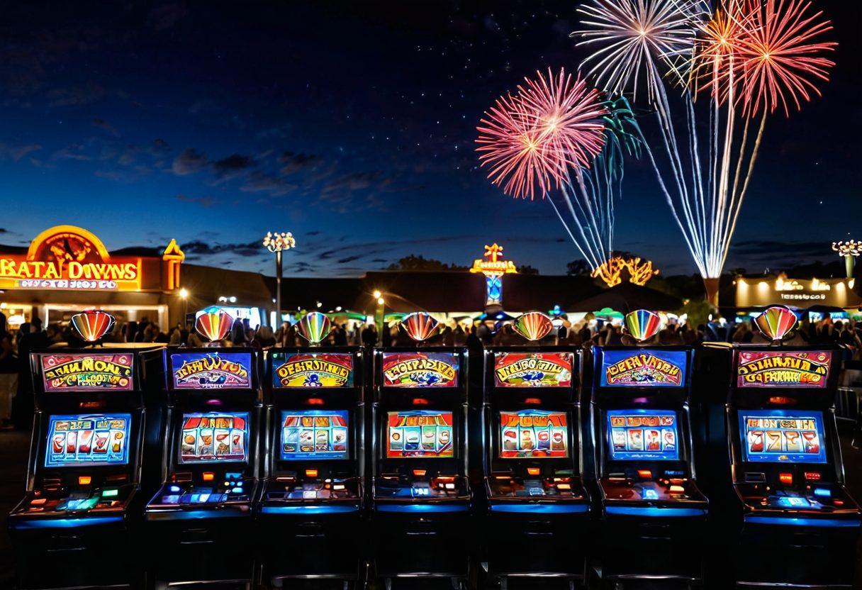 A dynamic scene showcasing Batavia Downs filled with vibrant lights, lively crowds, and the excitement of gaming. Highlight diverse activities like poker tables, slot machines, and live entertainment, with people enjoying themselves. Incorporate a colorful skyline of the Batavia Downs venue under a starlit sky to capture the thrill of nightlife. Add elements of action and joy, like someone winning at a slot machine or a group cheering at a game. super-realistic. vibrant colors. night scene.