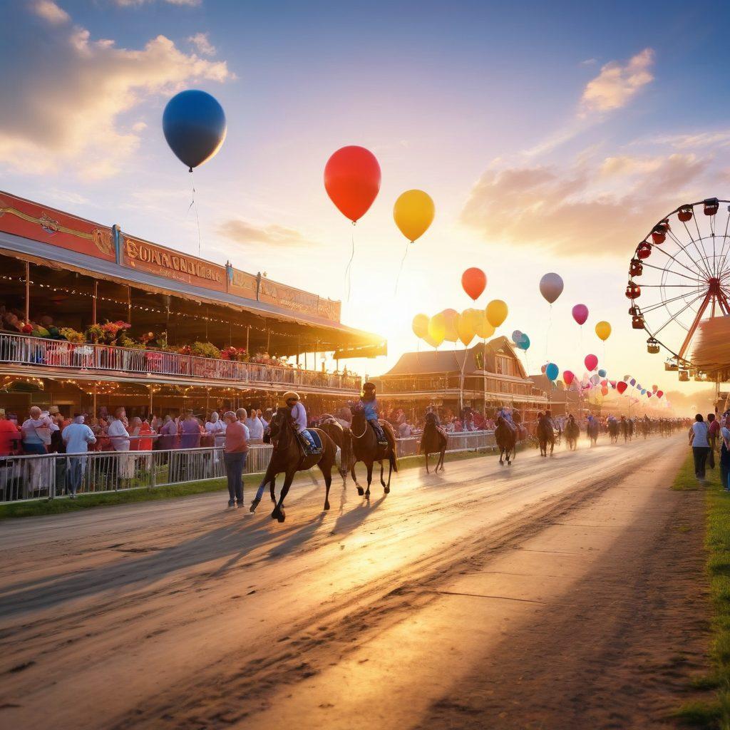A vibrant scene of Batavia Downs, filled with colorful racehorses speeding down the track, excited spectators cheering, and joyful families enjoying various activities like carnival games and food stalls. Bright balloons and festive decorations flutter in the breeze, capturing the essence of fun and excitement. sunlight beams down on the scene, illuminating the atmosphere of celebration. super-realistic. vibrant colors. 3D.